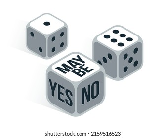 Yes or no or maybe dice rolling chance vector illustration, make a decision and say concept, undecided question idea.