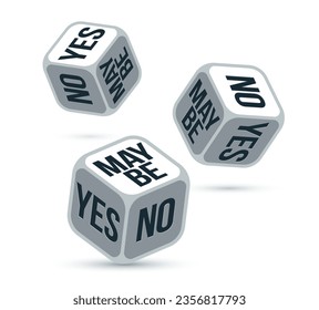 Yes or no or maybe dice rolling chance vector illustration, make a decision and say concept, undecided question idea.