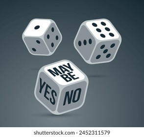 Yes or no or maybe dice rolling chance vector illustration, make a decision and say concept, undecided question idea.