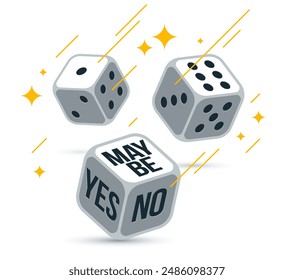 Sí o no o tal vez dados de la Ilustración vectorial de azar rodante, tomar una decisión y decir concepto, idea de pregunta indecisa.