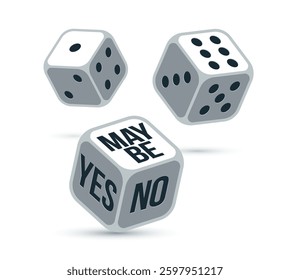 Yes or no or maybe dice rolling chance vector illustration, make a decision and say concept, undecided question idea.