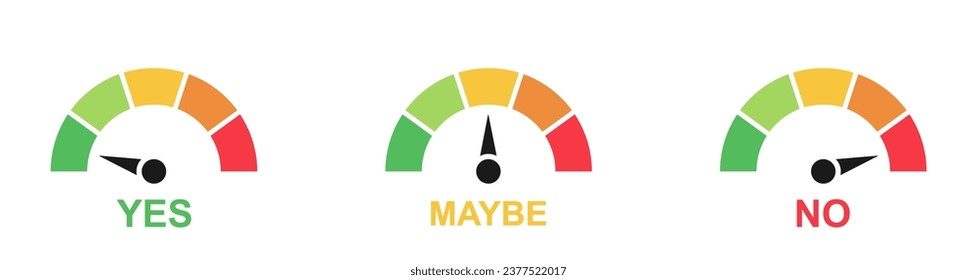 Ja, nein und vielleicht Icon-Set. Design-Element für Button, Aufkleber, Zeichen, Symbol und Kartenchat. Testfrage. Vektorgrafik von ja nein und vielleicht in Sprachblase auf weißem Hintergrund.