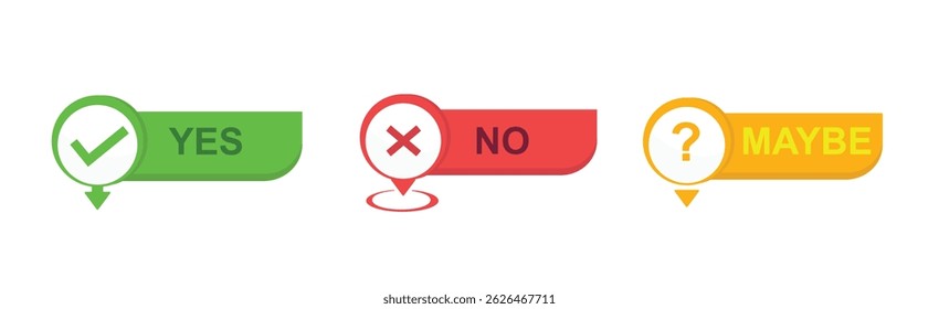 Ja, nein und vielleicht ein Icon-Set. Design-Element für Badge, Aufkleber, Schild, Symbol-Symbol und Kartenchat. Testfrage. Vektorgrafik von ja nein und vielleicht in Sprechblase auf weißem Hintergrund.