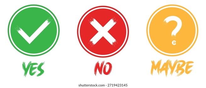Sí, no y tal vez conjunto de iconos. Elemento de diseño para la insignia, la etiqueta engomada, la muestra, el icono del símbolo. Establecer colecciones yes no maybe icon sign. Sí y no estilo del arte pop de la burbuja del discurso para la pregunta de la prueba, insignia, etiqueta engomada. 