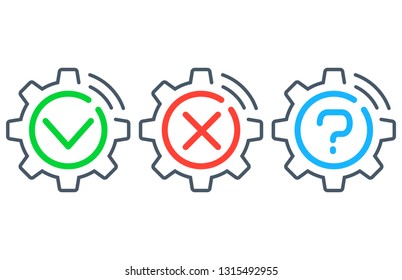 Ja, nein, vielleicht. Fragen und Antworten zur Fehlerbehebung. Zahnräder und Zahnräder-Maschinensymbole. Vektorillustration.