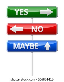 Yes, No, Maybe - three colorful traffic sign with way isolated on white background