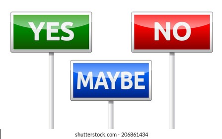 Yes, No, Maybe - three colorful traffic sign isolated on white background