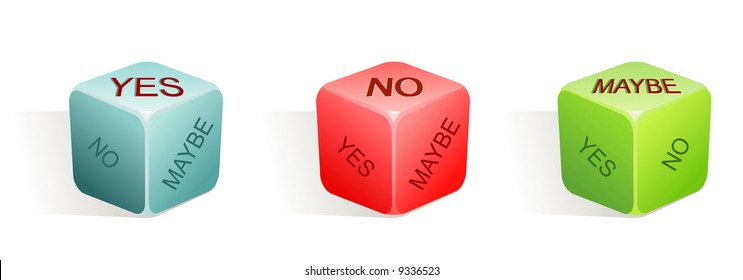 yes - no - maybe / vector illustration of dice with 3 options / 3 colors