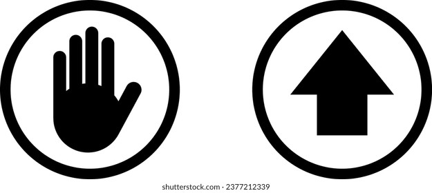 Sí No o Aceptar Detener el icono de insignia de círculo negro y blanco con bloqueador de mano y signo de flecha de esta forma. Imagen vectorial.