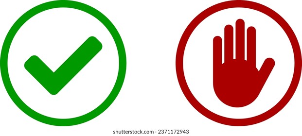 Yes No or OK Stop Green and Red Round Circle Badge Icon Set with Tick Checkmark and Hand Adblocker Sign. Vector Image.