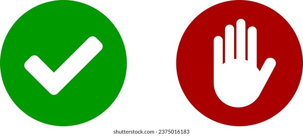 Yes No or OK Stop Green and Red Round Circle Badge Icon Set with Tick Checkmark and Hand Adblocker Sign. Vector Image.