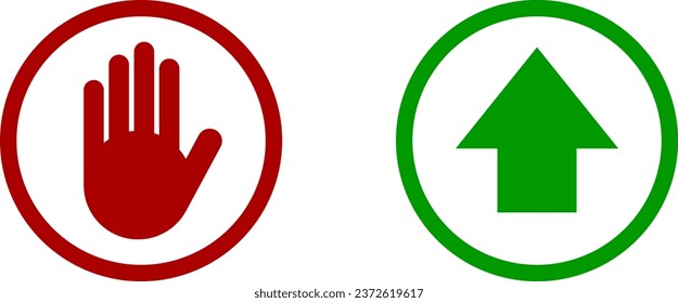 Yes No or OK Stop Red and Green Round Circle Badge Icon Setwith Hand Adblocker and Arrow This Way Sign. Vector Image.
