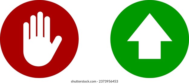 Sí No o Aceptar Detener el icono de la marca de círculo rojo y verde con el bloqueador de mano y la flecha de este modo. Imagen vectorial.
