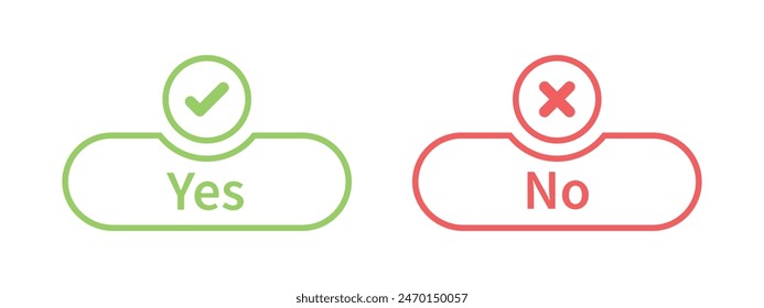 Yes and no option with tick and cross mark vector in stroke style in green and red color. Yes and no buttons in green and red colors. Flat design of correct or incorrect vote question. Wrong or right.