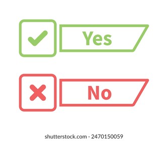 Ja und nein Option mit Häkchen und Kreuz Vektorgrafik im Strichstil in Grün und Rot. Ja und keine Buttone in Grün und Rot. Flaches Design der richtigen oder falschen Abstimmungsfrage. Falsch oder richtig.
