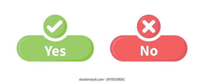 Yes and no option with tick and cross mark vector in green and red color. Yes and no buttons in green and red colors. Flat design of correct or incorrect vote question. Wrong or right answer.