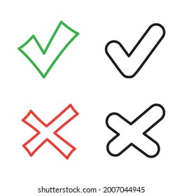 Yes and no outline sign symbols set isolated on white background. Checklist checkmark symbol template