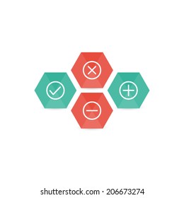 Yes and No Plus and Minus marks on geometric shapes. Vector graphic template.