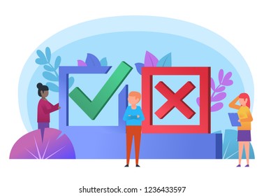 Yes, No poll. Small people stand near big accept, decline signs. Poster for social media, web page, banner, presentation. Flat design vector illustration