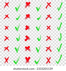 Yes and no. Red and green shape. Brush hand drawn doodle checkmarks and crosses set collection. Scribble, pen sketches. Pencil hand drawn checkmarks and little crosses. Transparent background.