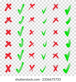 Yes and no. Red and green shape. Brush hand drawn doodle checkmarks and crosses set collection. Scribble, pen sketches. Pencil hand drawn checkmarks and little crosses. Transparent background.