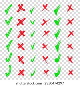 Sí y no. Forma roja y verde. Marcas de verificación de doodle dibujadas a mano de pincel y colección de conjuntos de cruces. Crítica, bocetos de pluma. Marcas de verificación dibujadas a mano con lápiz y pequeñas cruces. Fondo transparente.