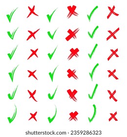 Yes and no. Red and green shape. Brush hand drawn doodle checkmarks and crosses set collection. Scribble, pen sketches. Pencil hand drawn checkmarks and little crosses.