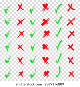 Yes and no. Red and green shape. Brush hand drawn doodle checkmarks and crosses set collection. Scribble, pen sketches. Pencil hand drawn checkmarks and little crosses. Transparent background.