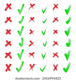 Ja und nein. Rot und grün. Pinsel Hand gezeichnete Doodle-Markierungen und Kreuze setzen Kollektion. Kritzeln, Zeichenstifte. Bleistift handgezeichnete Markierungen und kleine Kreuze.