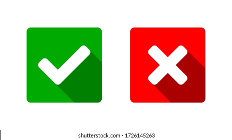 Yes and No or Right and Wrong or Approved and Declined Icons with Check Mark and X Signs with 3D Shadow Effect in Green and Red Squares with Rounded Corners. Vector Image.