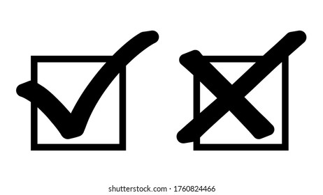 Sí y No o Bien y Iconos erróneos o aprobados y declinados con marca de verificación y señales cruzadas en cajas. Imagen vectorial.
