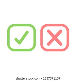 Yes and No or Right and Wrong or Approved and Declined Icons with Check Mark and X Signs in Green and Red Squares