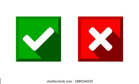 Yes and No or Right and Wrong or Approved and Declined Icons with Check Mark and X Signs with Shadow in Green and Red Squares with Rounded Corners. Vector Image.