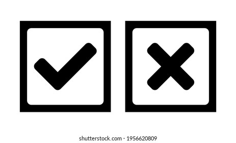 Yes and No or Right and Wrong or Approved and Declined Icons with Check Mark and X Signs in Squares. Vector Image.