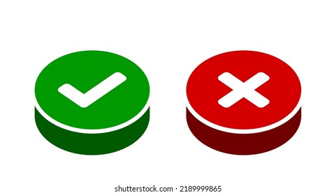 Yes and No or Right and Wrong or Approved and Declined Push Button Icon Set with Check Mark and X Sign in Green and Red Circles and a 3D Style. Vector Image.