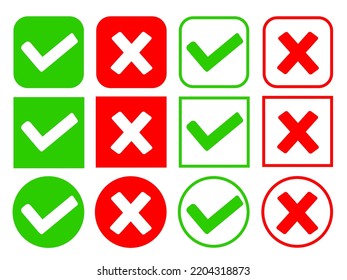 Ja und Nein oder rechts und falsch oder Genehmigte und gestrichelte Symbole mit Kontrollzeichen und X Zeichen mit Schatten in grünen und roten Kreisläufen. Vektorbild.