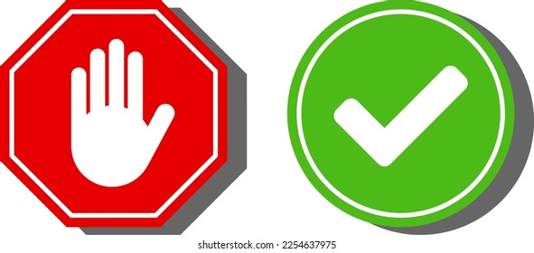 Yes and No or Right and Wrong or Approved and Declined Icons with Check Mark and X Cross Signs with 3D Shadow Effect. Vector Image.