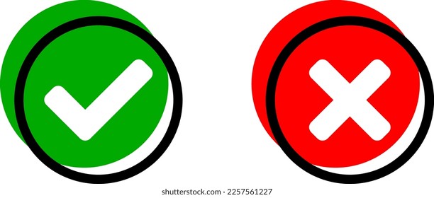 Sí y No o Bien y Iconos erróneos o aprobados y declinados con marcas de verificación y señales X en círculos verdes y rojos. Imagen vectorial.