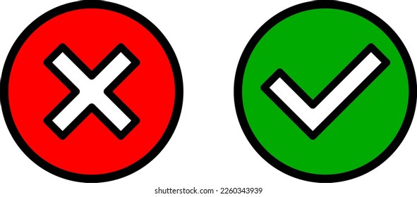 Yes and No or Right and Wrong or Approved and Declined Icons with Check Mark and X Signs in Green and Red Circles. Vector Image.