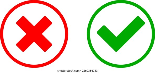 Yes and No or Right and Wrong or Approved and Declined Icons with Check Mark and X Signs in Green and Red Circles. Vector Image.