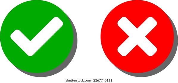 Yes and No or Right and Wrong or Approved and Declined Icons with Check Mark and X Signs with 3D Shadow Effect in Green and Red Circles. Vector Image.