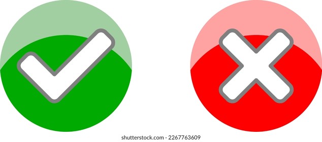 Yes and No or Right and Wrong or Approved and Declined Icons with Check Mark and X Signs with 3D Shiny Effect in Green and Red Circles. Vector Image.
