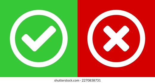 Sí y No o Bien y Iconos erróneos o aprobados y declinados con marcas de verificación y señales X en cuadrados verdes y rojos con esquinas redondeadas. Imagen vectorial.