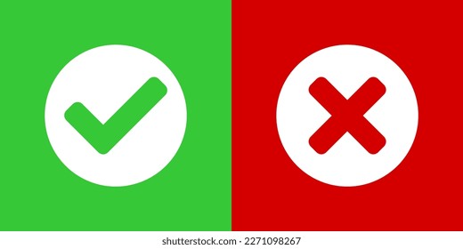 Sí y No o Bien y Iconos erróneos o aprobados y declinados con marcas de verificación y señales X en cuadrados verdes y rojos con esquinas redondeadas. Imagen vectorial.