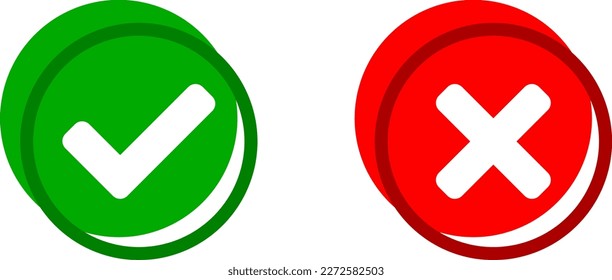 Sí y No o Bien y Iconos erróneos o aprobados y declinados con marcas de verificación y señales X en círculos verdes y rojos. Imagen vectorial.