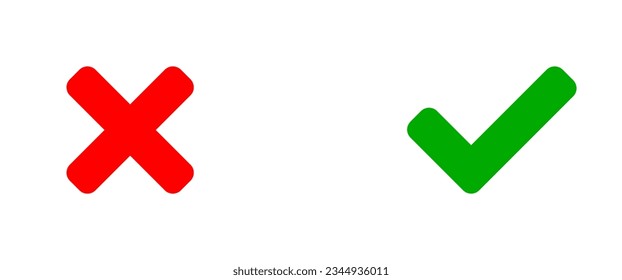 Ja und Nein oder rechts und falsch oder genehmigte und dezimierte Symbole mit grünen Kontrollzeichen und Rot-X-Kreuz-Zeichen in weißen Kreise. Vektorbild.