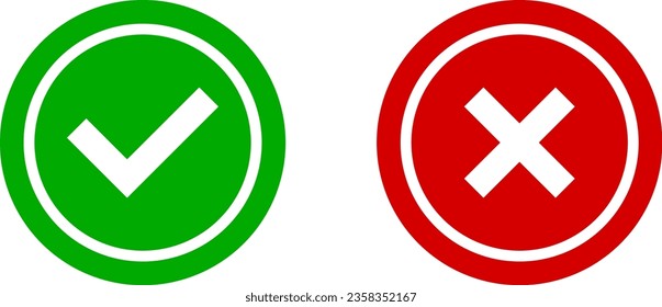 Sí y No o Correcto y Equivocado o Aprobado y Declinado Juego de Iconos con Marcas y X en Círculos verdes y rojos. Imagen vectorial.