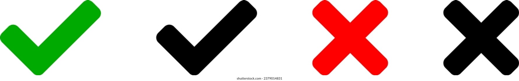 Yes and No or Right and Wrong or Approved and Declined Icons with Black Green Check Mark and Red X Sign. Vector Image.