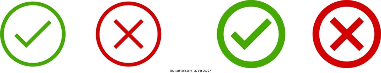 Yes and No or Right and Wrong or Approved and Declined Round Icons with Flat Thin Green Line or Outline Check Mark and Red X Cross Sign. Vector Image.