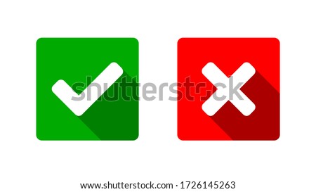 Yes and No or Right and Wrong or Approved and Declined Icons with Check Mark and X Signs with 3D Shadow Effect in Green and Red Squares with Rounded Corners. Vector Image.